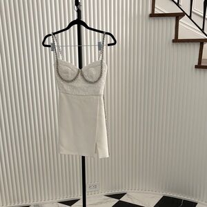 Self-Portrait White Mini Dress with Embellished Straps